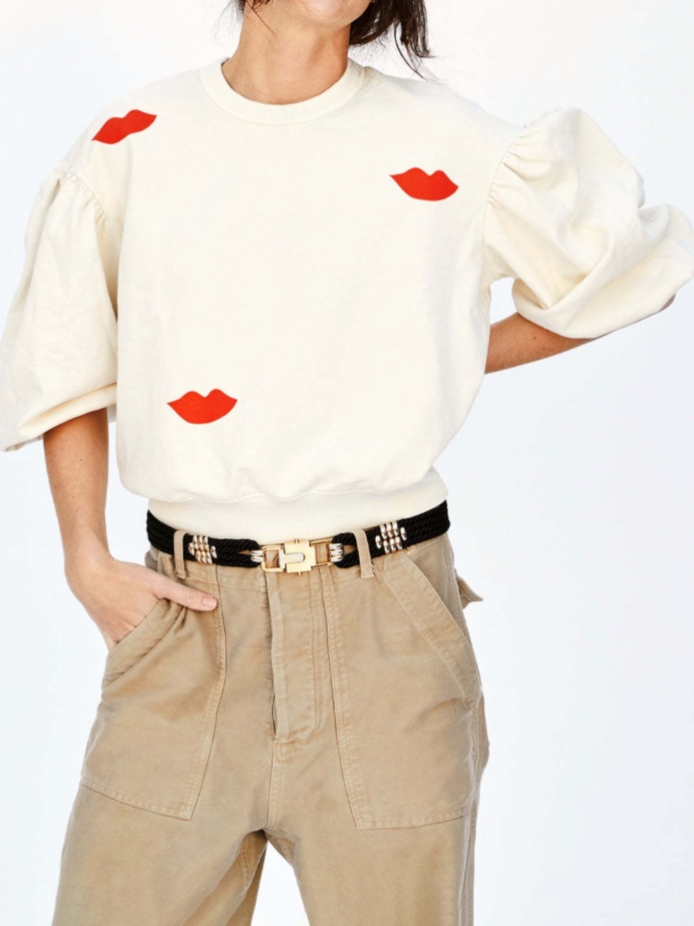 Clare V. Drop Shoulder Sweatshirt in Cream/Poppy Lips - Picture 11 of 14